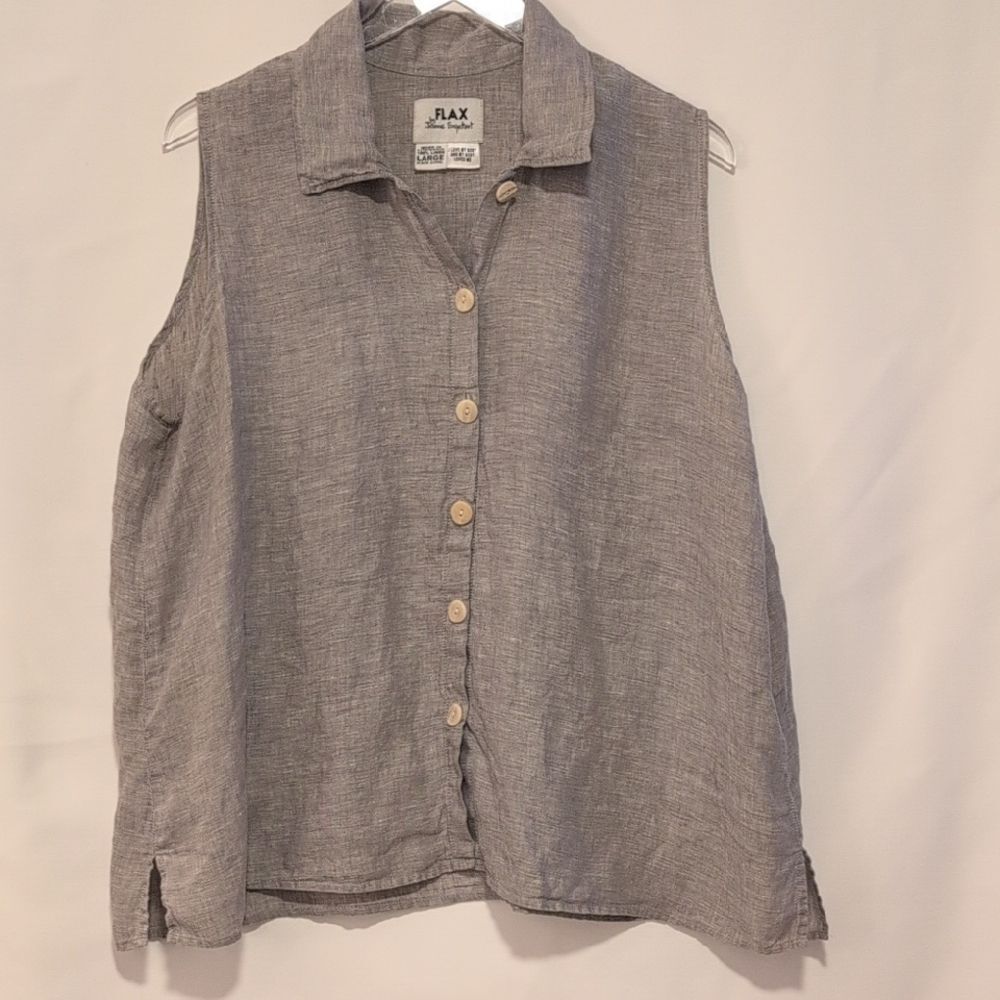 Gray 100 % LinenSleeveless Button-Down Shirt - Picture 7 of 11